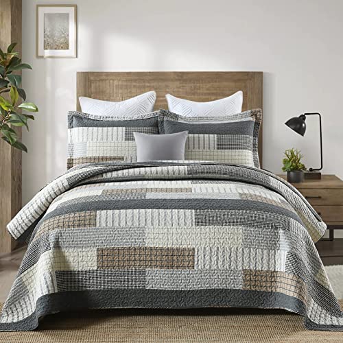 DUOHONG Quilts Queen Size, Queen Quilt Bedding Set Bedspread, 100% Cotton Patchwork Quilt for Queen Bed, 3 Pieces Plaid Farmhouse Reversible Lightweight Comforter Bed Spread, Grey/Tan/Black