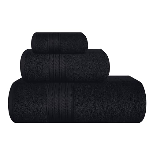 BOUTIQUO Ultra Soft 3 Pack Cotton Towel Set, Contains a Bath Towels 28x55 inch, a Hand Towels 16x24 inch & a Wash Coths 12x12 inch, Ideal Everyday use, Compact & Lightweight - Black