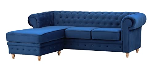 Sofas and More Windsor Chesterfield style Blue French Velvet fabric Corner Sofa Armchair (Left Hand Corner)