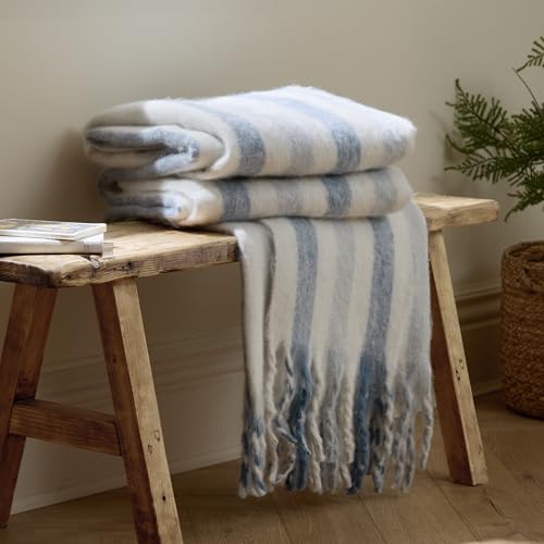 furn. Wylder Beechwood Throw – Soft Fringe Woven Stripe Cotton Blanket (Sky Blue – 140x180cm)