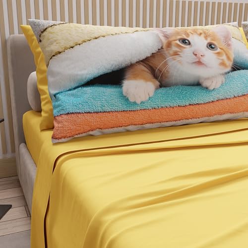 PETTI Artigiani Italiani - Bed Linen Animals with Cats in Cotton with Pillowcases in Digital Print, Double Bedsheets, Yellow Double Bed Set, 100% Made in Italy