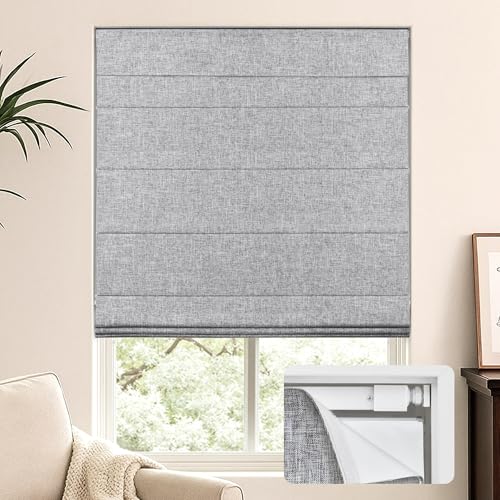 "LazBlinds No Drill Cordless Roman Shades for Windows, 34.5"" W x 60"" H, Grey - Tool-Free Blackout Thermal Insulated UV Blocking Window Blinds, Lightweight Fabric Blinds for Indoor Windows"