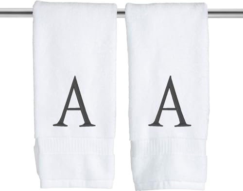 DECORVO Dark Gray Monogrammed Hand Towels for Bathroom - Luxury Hotel Quality Personalized Initial Decorative Embroidered Towel for Powder Room, Spa - GOTS Organic Certified - Set of 2 Letter A