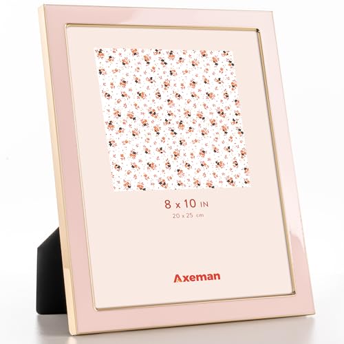 Axeman 8x10 Enamel Picture Frames with Tempered Glass-8 x 10 Modern Photo Frame with Gold Metal Edge Velvet Back for Tabletop and Wall Mount Display for Shelf, Desk & Countertop Decor, Pink