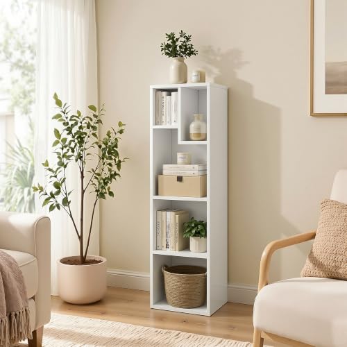 VECELO 4-Tier Bookcase, 5 Cube Wooden Bookshelf with Height Difference Shelves, Floor Standing Storage Display Unit for Living Room, Bedroom, Home Office, 30 x 24 x 107.5 cm, White