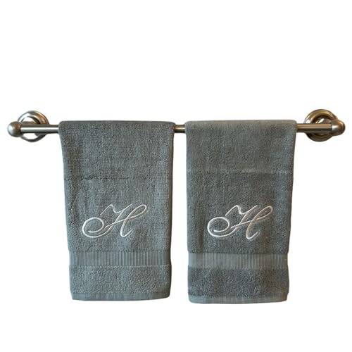 Decorvo Gray Monogrammed Hand Towels for Bathroom - Luxury Hotel Quality Personalized Initial Embroidered Towel for Powder Room, Spa - GOTS Organic Certified - Set of 2 Silver Letter H