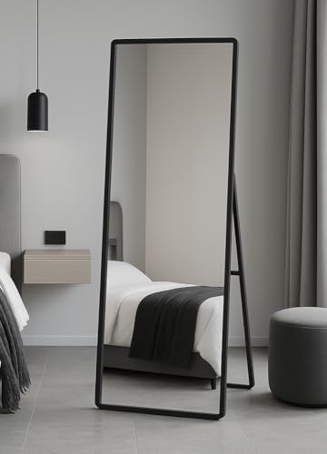 "MirrorOutlet The Naturalis - Solid Black Oak Rounded Corners Modern Full Length Cheval Mirror 67"" X 23"" (170CM X 58CM) 48m deep frame Premium Mirror Glass with Black Backing. Scandinavian Inspired!"