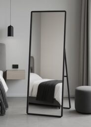 "MirrorOutlet The Naturalis - Solid Black Oak Rounded Corners Modern Full Length Cheval Mirror 67"" X 23"" (170CM X 58CM) 48m deep frame Premium Mirror Glass with Black Backing. Scandinavian Inspired!"