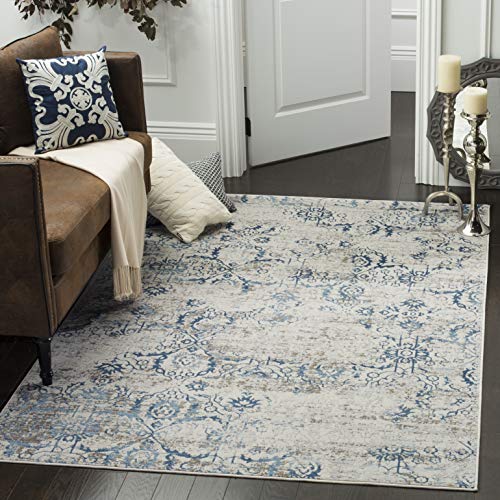 Safavieh Distressed Indoor Woven Rectangle Area Rug, Artifact Collection, ATF237, in Blue / Creme, 122 X 183 cm for Living Room, Bedroom or Any Indoor Space