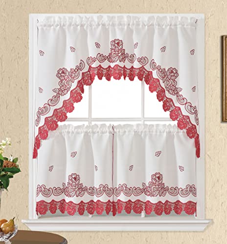 GOHD Lace Rosarium Kitchen Curtains, 3PCS Kitchen Curtains and Valances Set, Elegant White Fabric with Rose Embroidery and Lace. (Red, Swag and 22 inches Tiers Set)