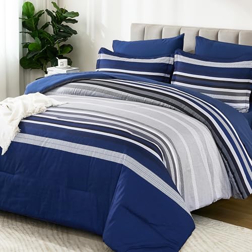 Dobuyly Navy Blue King Size Comforter Set 7 Pieces, Boho Striped Bed in a Bag Soft Microfiber All Season Bedding Set with Comforter, Sheets, Pillowcases & Shams