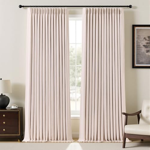 "YZ HOME Pinch Pleated Linen Curtains 100% Blackout 102 Inches Long for Living Room Bedroom, Memory Trained Thermal Insulated Room Darkening Window Drapes with Rings Hooks, 2 Panels, Pink, 40"" Wx102 L"