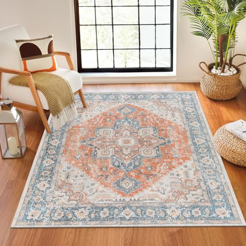 Livabliss River Perth Machine Washable Carpet 200x275 cm, Vintage Boho Design for Living Room, Dining, Kitchen & Outdoor, Easy Care, Rust Blue Beige