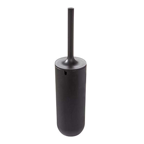 iDesign Toilet Brush with Toilet Brush Holder, Slim Bathroom Accessory Made of Plastic, Free-Standing Brush and Holder with Silicone Bristles, Black
