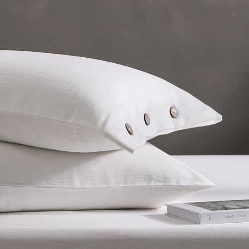 JELLYMONI 100% Washed Cotton Pillowcases, King, Button Closure - OEKO-TEX Certified, Pre-Shrunk, Natural Wrinkles, Linen-Look Texture for Wide Beds, Set of 2, 20 x 36 in