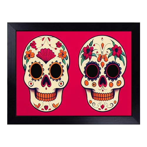 Lap Tray with Bean Bag Cushion, Floral Sugar Skulls - Handmade in the UK, Raised Wooden Edge, Padded Cushion, Heat-Resistant Wipe-Clean Surface, for Meals, Laptops and Crafts
