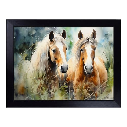 Lap Tray with Bean Bag Cushion, Pony Watercolour - Handmade in the UK, Raised Wooden Edge, Padded Cushion, Heat-Resistant Wipe-Clean Surface, for Meals, Laptops and Crafts