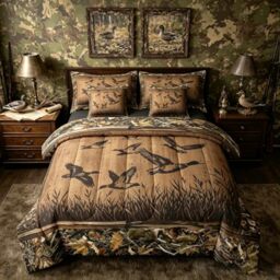 Feelyou Kids Mallard Duck Bedding Set King Size Hunting Fishing Theme Comforter Set with Sheets 7 Piece for Boys Girls Teens Bedroom Decor Cabin Farmhouse Bed in a Bag Vintage Leaves