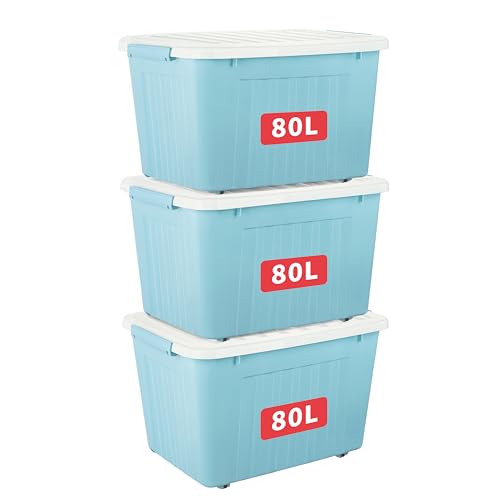 Cetomo 80L*3 Storage Boxes with Lids, Plastic Storage Box with Wheels and Secure Side Latches, Stackable & Nestable Organizer for Home, Office, Moving, PP, Blue, 80L-3 Pack