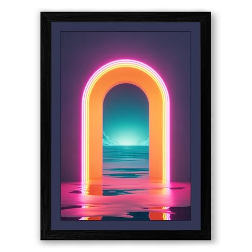 Neon Portal to Ocean Modern Framed Wall Art Print A2 (59.4×42cm) Black, Wall Decor for Living Room, Bedroom, Office & Home, Ready to Hang, Art Gift
