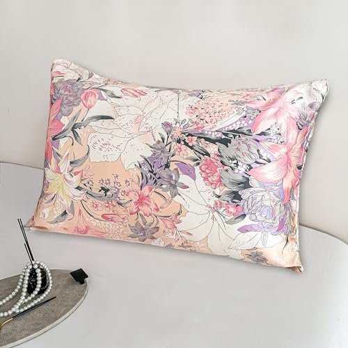 "100% Pure Mulberry Silk Pillowcase Queen Size with Hidden Zipper Printed,Real Natural Floral Silk Pillow Cases for Hair and Skin,Soft and Cooling,Both Sides Slip Silk,1pc (20""x30"",Pattern4)"