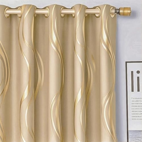 MYRU 1 Pair Khaki Blackout Curtains for Bedroom, Luxury Striped Curtains for Living Room(Khaki and Gold, 2 Panels 54 x 106 Inch)