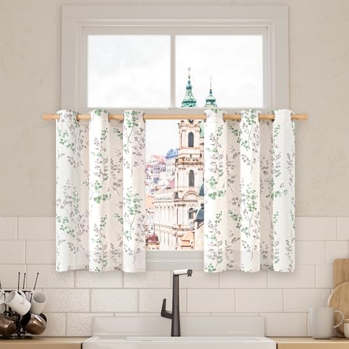 BGment Short Linen Curtains 36 Inch Length 2 Panels Set, Half Window Cafe Curtains for Dining Room Farmhouse Bathroom Kitchen, Print Leaf Design, Each 42 Inch Wide, Grass Green