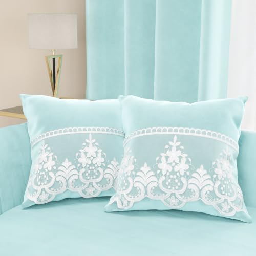 PETTI Artigiani Italiani - 2 Velvet Cushions with Rebrod?? Lace, Filling Included, 35 x 35 cm, Sky Blue