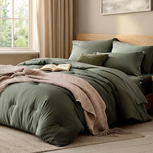 King Size Comforter Set- 7 Pieces Prewashed Bed in a Bag King Bedding Sets - Soft All Season Comforter with Sheets, Pillow Shams & Pillowcases,Olive Green