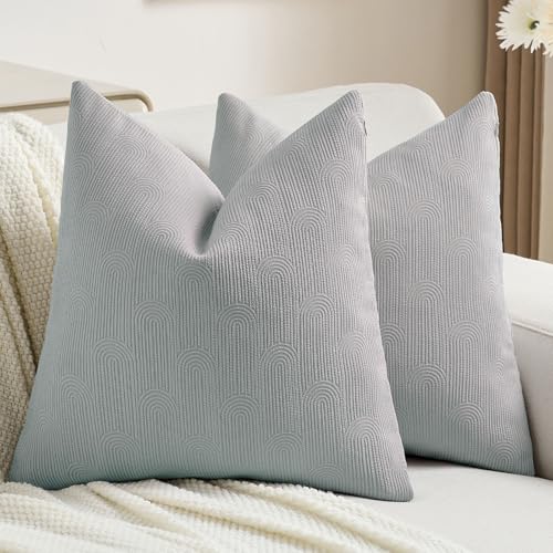 FUTEI Dusty Blue Chenille Decorative Throw Pillow Covers 18x18 Inch Set of 2,Soft Cozy Striped Geometric Patterns Cushion Cases,Modern Home Decor for Couch Bed Living Room
