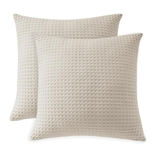 "100% Egyptian Cotton 600 TC Waffle Weave Throw Pillow Covers 2 Pack - Ultra Soft Breathable Euro Pillow Shams Covers, Decorative Cushion Covers for Bed Couch Sofa Car, Beige, 18"" x 18"""