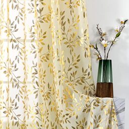 "Sutuo Home Beige Sheer Curtains 84 Inch Length 2 Panels Set,Gold Foil Print Metallic Bronzing Leaves, Privacy Window Treatment Decor Drape Pair for Christmas Bedroom Kitchen Living Room 52"" W x 84"" L"