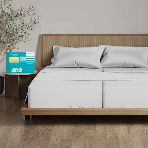 "THREAD SPREAD 100% Egyptian Cotton Split King Sheets Sets for Adjustable Bed - Luxury 800 Series 5 PC Split King Sheet (Silver Grey), Soft Cooling 16"" Deep Pocket Hotel Sheets - Euphoria Collection"