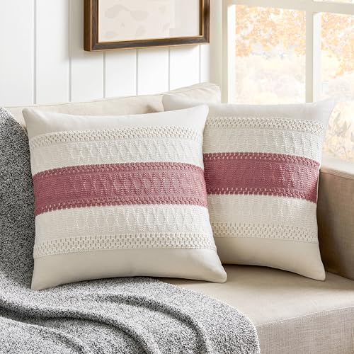 ZeeMart 2 Pack Boho Throw Pillow Covers, Contrast Dusty Pink 16x16in - Soft Breathable Cotton, Farmhouse Decorative Couch Pillow Cases, Cushion Covers for Sofa Bed Living Room Home Decor