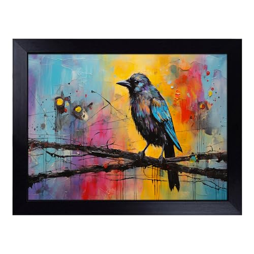 Lap Tray with Bean Bag Cushion, Crow Abstract - Handmade in the UK, Raised Wooden Edge, Padded Cushion, Heat-Resistant Wipe-Clean Surface, for Meals, Laptops and Crafts