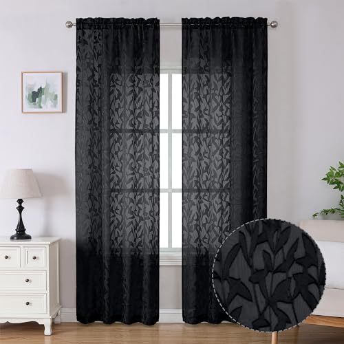 Lecloud Leia Jacquard Black Sheer Curtains 96 Inches Long 2 Panels, Balance Light & Privacy Clip Textured Voile Curtain with Dual Rod Pockets, Farmhouse Leaf Living Room Bedroom Drapes, 38X96 Inch