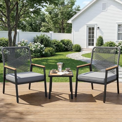 Clevich 3 PCS Garden Furniture Set, Ratten Garden Chair Set, Metal and Rattan Balcony Chairs, with 8 cm Thick Seat Cushions, Sturdy Metal Frame & WPC Armrest, for Patio, Garden and Porch