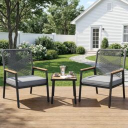 Clevich 3 PCS Garden Furniture Set, Ratten Garden Chair Set, Metal and Rattan Balcony Chairs, with 8 cm Thick Seat Cushions, Sturdy Metal Frame & WPC Armrest, for Patio, Garden and Porch