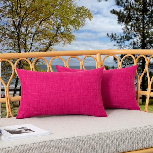 Kevin Textile Set of 2 Outdoor Waterproof Pillow Covers - Valentines Day Decorative Throw Pillows - Rectangle Checkered Couch Pillows for Patio Tent Bed Sofa Living Room - 12x20 Inch - Hot Pink