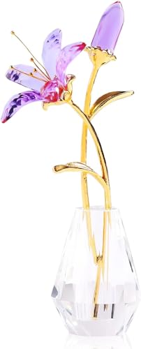Movdyka Purple Crystal Lily Flower Figurine with Stems - Handmade Collectible Statue for Decoration Mothers Day Centerpiece Valentines Day Bridal Shower Gift