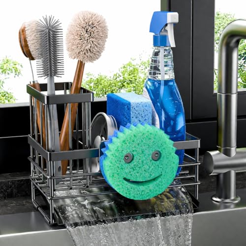 Cisily Sink Caddy with Smiley Face Sponge Holder for Kitchen with Brush Holder and Stainless Steel Self Drain Tray, Rustproof Kitchen Sink Organizer, Soap Dispenser Storage Accessories (Black)