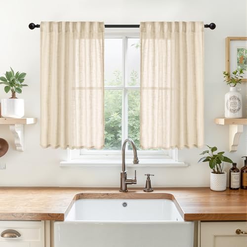 YoungsTex Burlap Natural Linen Curtains 40 Inch Length, Short Drapes Textured Semi Sheer with Rod Pocket Back Tab Lightweight for Bathroom Kitchen Window, 2 Panels,42 X 40 Inch