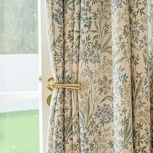 "ILUOGUDU Floral Farmhouse Curtains Semi-Blackout Living Room Drapes 84 Inch Length Cotton Linen Blend Bohemian Window Curtain Panels White Bedroom Drapes, 1 Panel (Back Tab, 55"" W x 84"" L)"