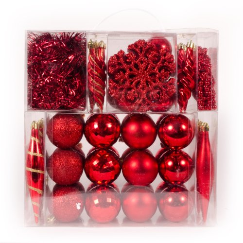 WeRChristmas 60-Piece Deluxe Variety Christmas Tree Baubles Decoration Pack with Tinsel and Beads, Red