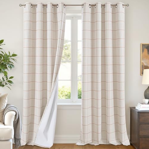 Lajode Plaid Gingham Patterned Curtains - 96 Inches Extra Long Rustic Linen Blackout Curtains for Living Room, Cottage Checkered Striped Drapes for Bedroom Farmhouse 52x96 Inch 2 Panels, Terracotta