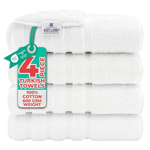 American Soft Linen, 4 Piece Bath Towel Set, 100% Turkish Cotton 27 in 54 in Bath Towels for Bathroom, Soft Absorbent Bath Towels Extra Large, Hotel Quality Quick Dry Shower Towels, Bright White