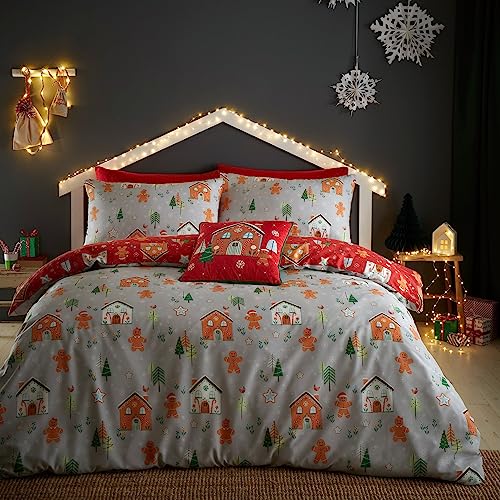 Bedlam Gingerbread House Duvet Cover Set – Single Size (140 x 200cm) – Reversible – 1 Pillowcase – Christmas Bedding with Gingerbread Man – Festive Holiday Decorations, Twin