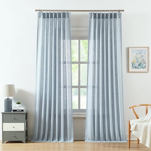 "WEST LAKE 102 Inches Long Dusty Blue Bailey Pinch Pleat Semi Sheer Curtains - Farmhouse Linen Textured Drapes,Backtab Light Filtering with Privacy Window Treatment for Bedroom Living Room,40""Wx102""Lx2"