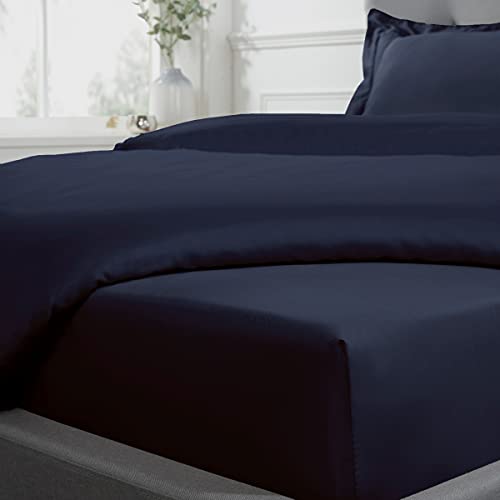 "Sleepdown Fitted Sheet 100% Cotton Sateen Soft Cosy 16"" 40cm Extra Deep 300 Thread Count Luxury Bedding Bedsheet Bed Linen - Navy Blue - Single, 5056242826088"