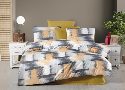 Nuit Des Rêves Double Quilt Cover Set (200 x 200 cm), 50% Cotton/50% Polyester, Mustard & Anthracite, 2 Pillowcases (80 x 80 cm), Button & Envelope Closure, Machine Washable